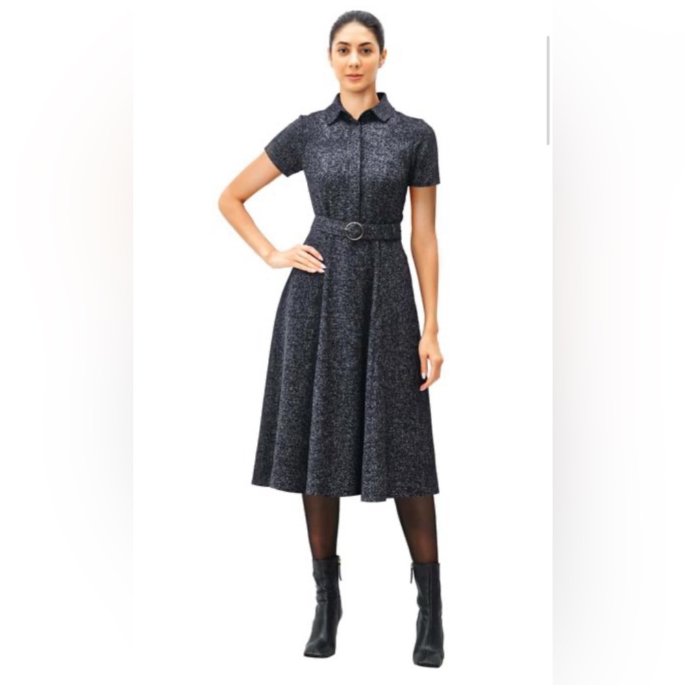 eShakti Cross-Hatch Suiting Belted Shirtdress Has pockets!